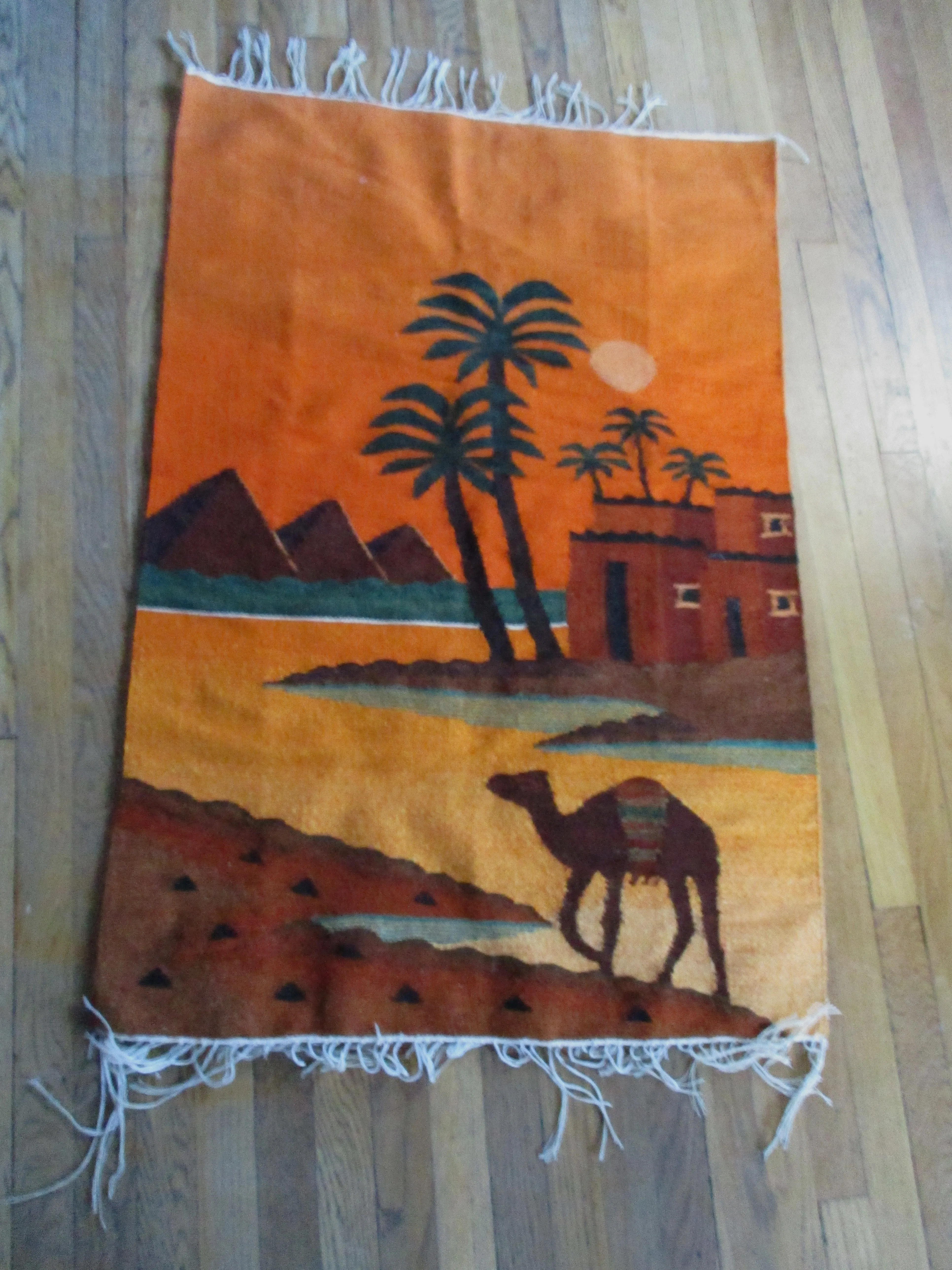 77" Vintage WOOL CAMEL DESERT BLANKET Fringe Serape Throw Bedspread Wall Art Tapestry