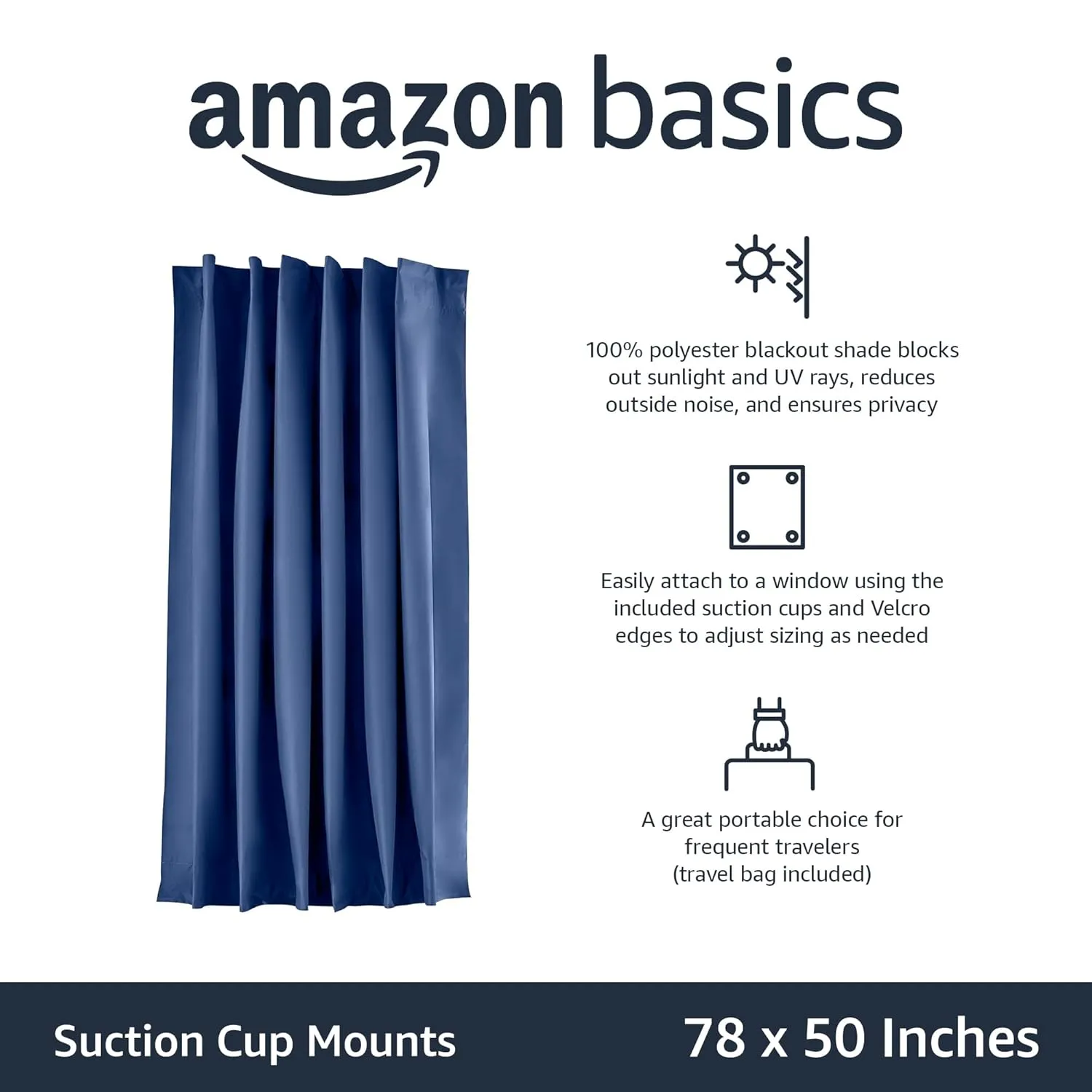 Amazon Basics Portable Window Blackout Curtain Shade with Suction Cups for Travel, 50" x 78"