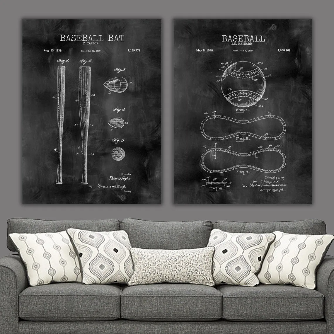 Baseball Patent Prints on Canvas Wall Art - Individual or Sets up to 8