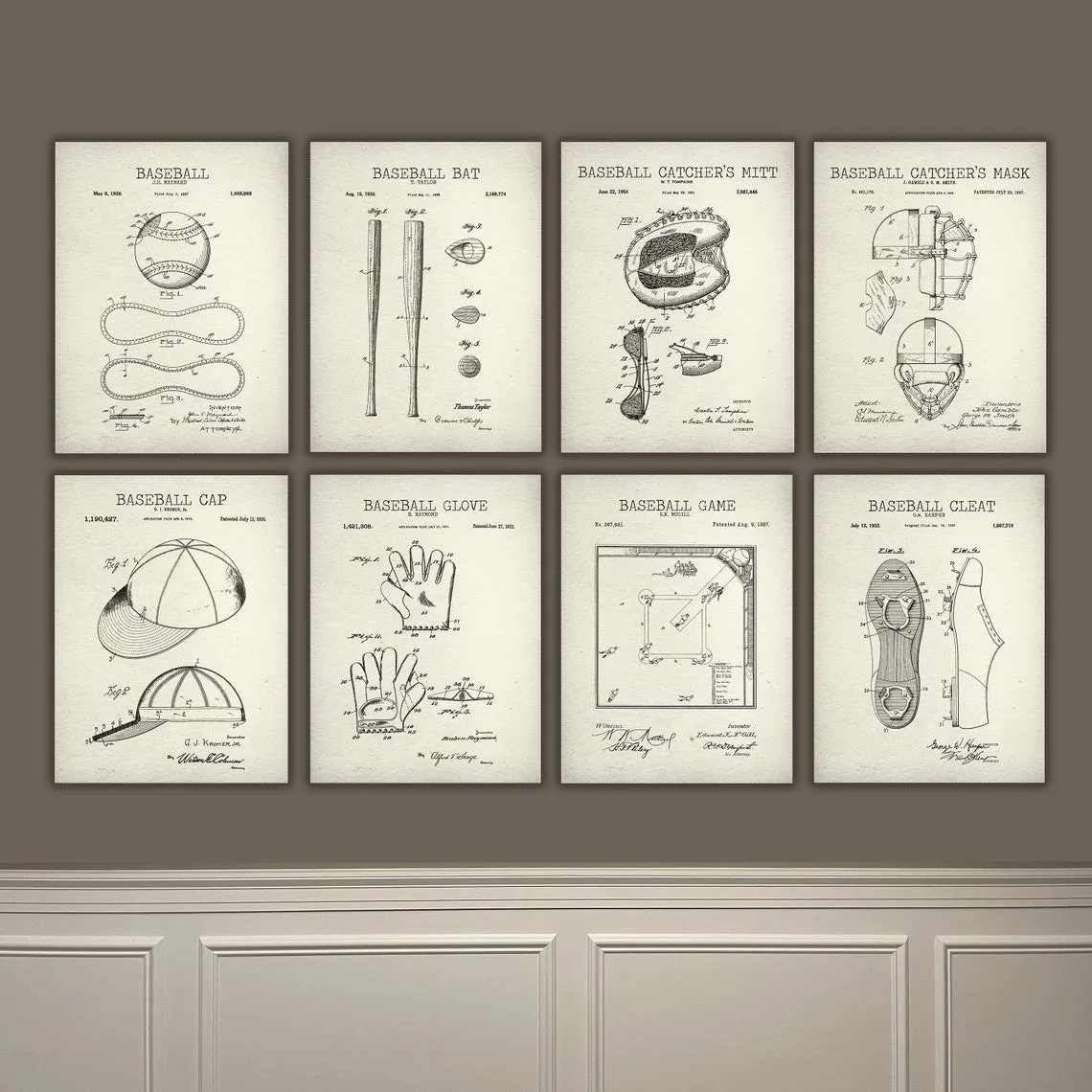 Baseball Patent Prints on Canvas Wall Art - Individual or Sets up to 8