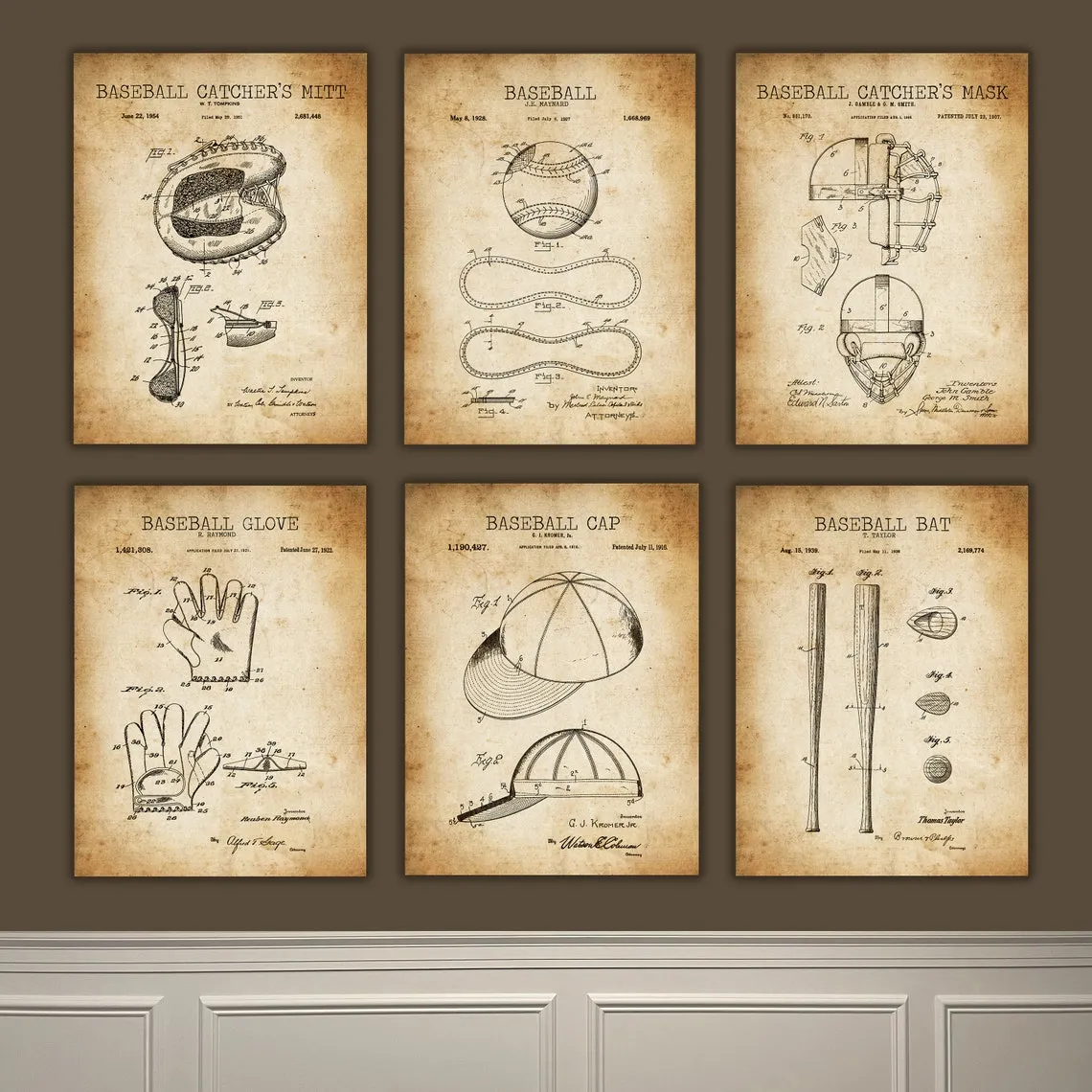 Baseball Patent Prints on Canvas Wall Art - Individual or Sets up to 8