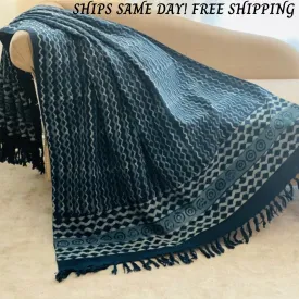 Blue Indigo Blanket, Mud Cloth Throw for Couch, Indigo Throw Blanket with Tassels, Block Print Throw, Boho Home Decor, Gift for Her