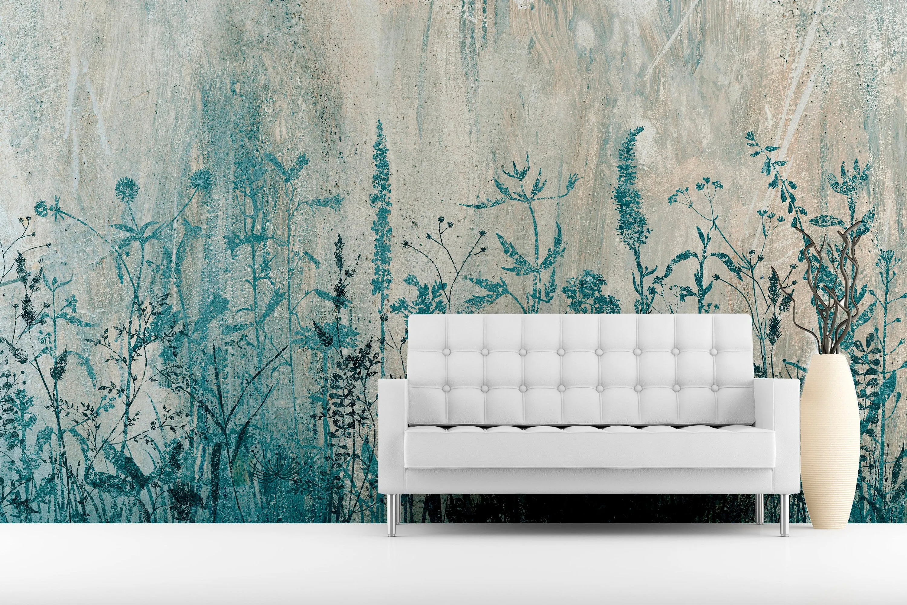 Botanical self adhesive wallcovering, large peel and stick grass wallpaper, accentual blue white  wall decal, removable canvas wall mural