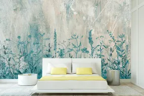 Botanical self adhesive wallcovering, large peel and stick grass wallpaper, accentual blue white  wall decal, removable canvas wall mural