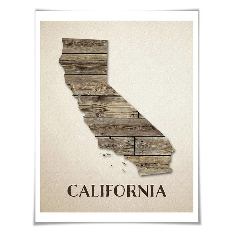 California Map Art Print. 5 Sizes. Travel Poster. Custom State. USA Map. Rustic Art Home Decor.