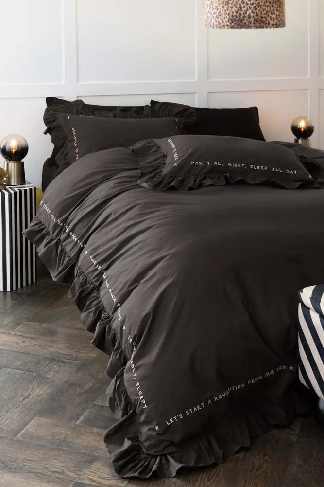 Charcoal Grey Mega Frill Duvet Cover and Pillowcase Set - Four Sizes Available -