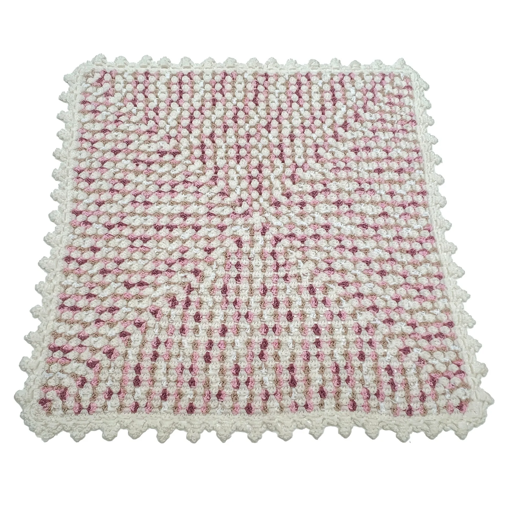 Crochet Baby Receiving Blanket 36x36. Pink/Beige/Winter White.