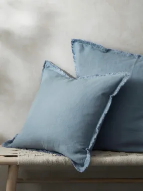 Fringe Linen Cushion Cover Blue Fog