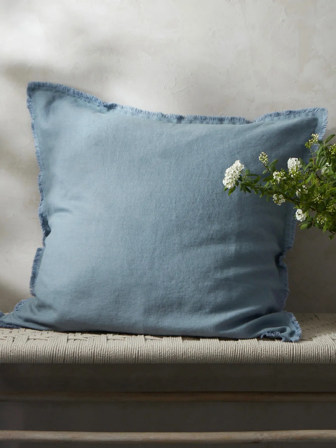 Fringe Linen Cushion Cover Blue Fog