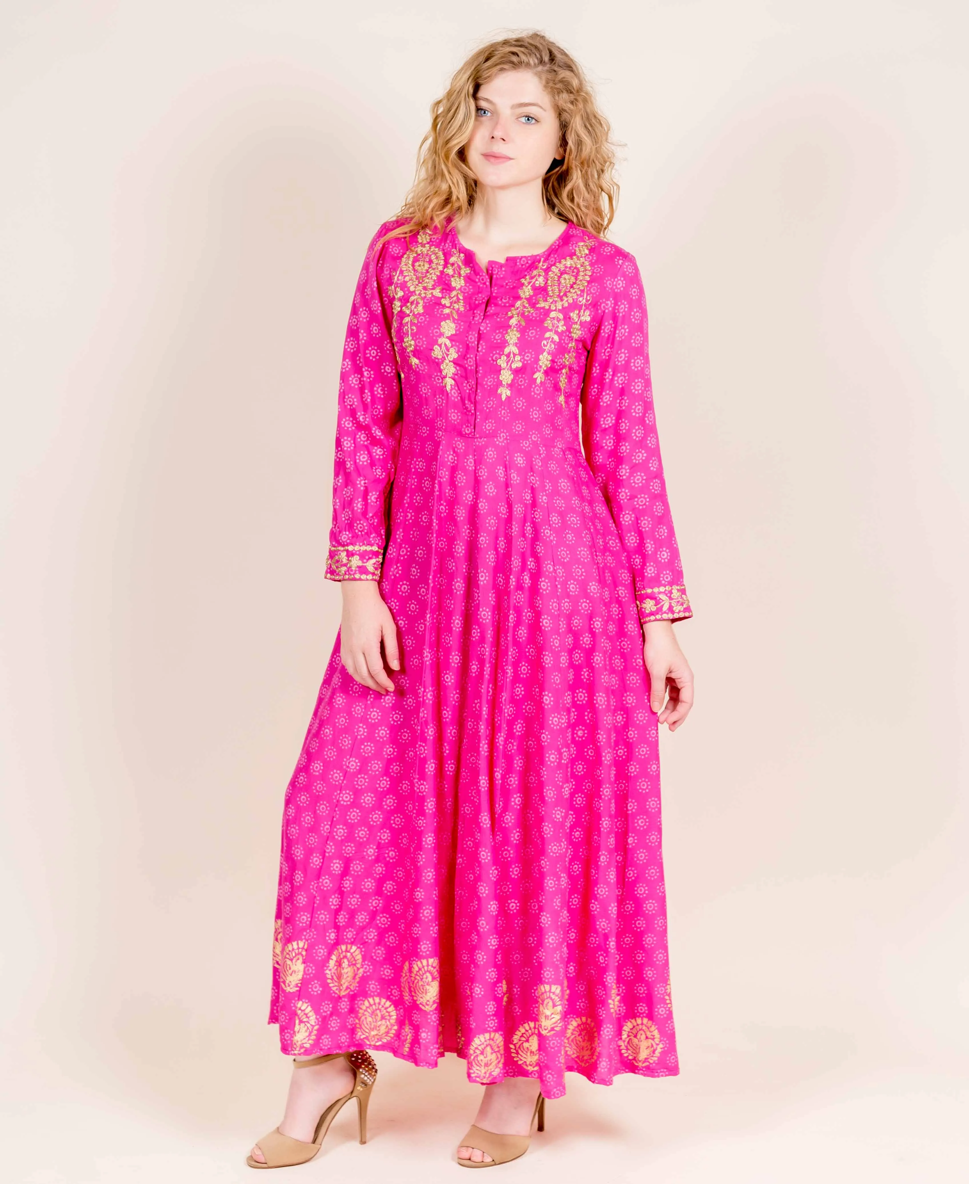 Full Sleeves Fuchsia Flared Hand Block Printed Rayon Dress