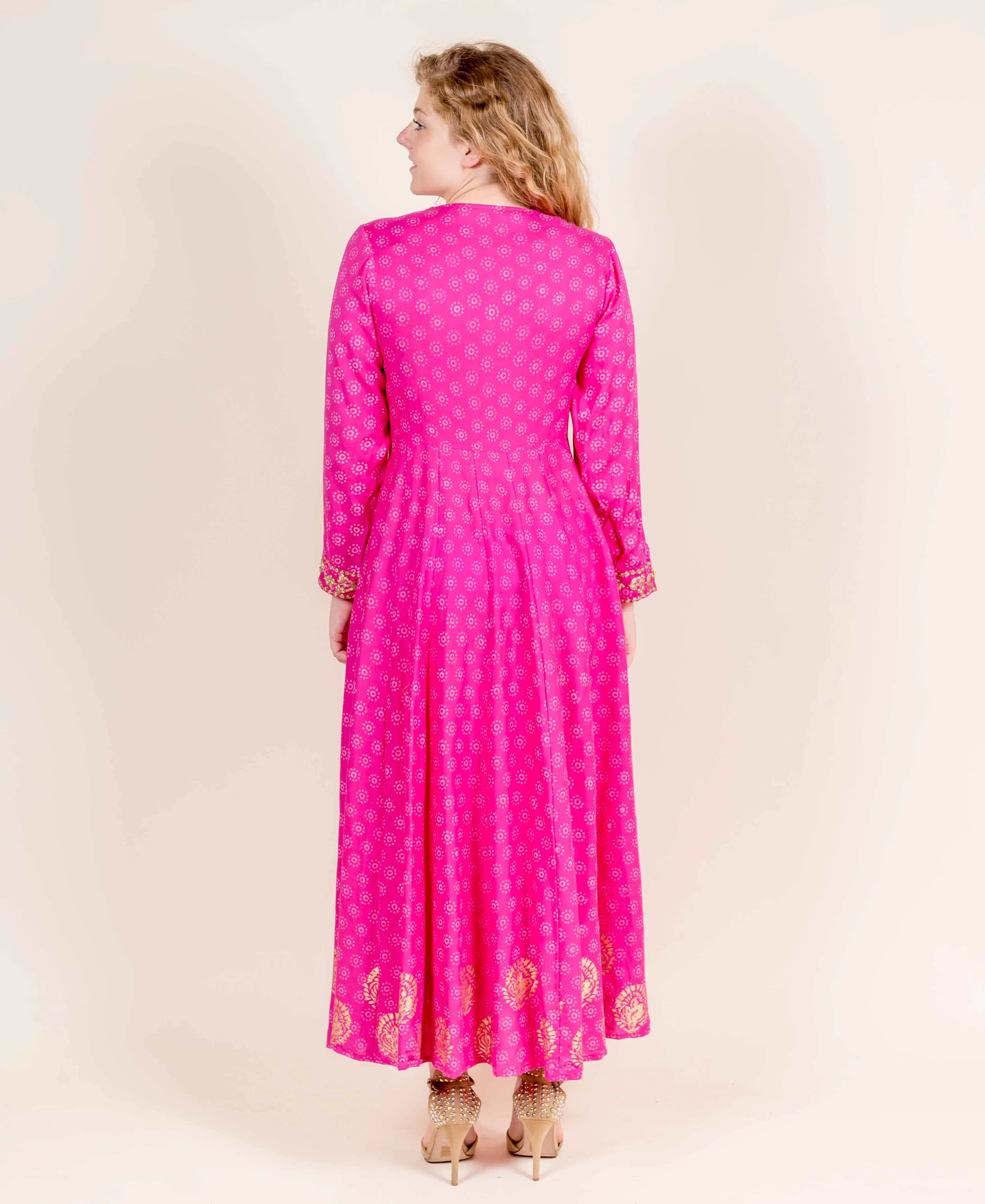 Full Sleeves Fuchsia Flared Hand Block Printed Rayon Dress