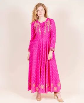 Full Sleeves Fuchsia Flared Hand Block Printed Rayon Dress