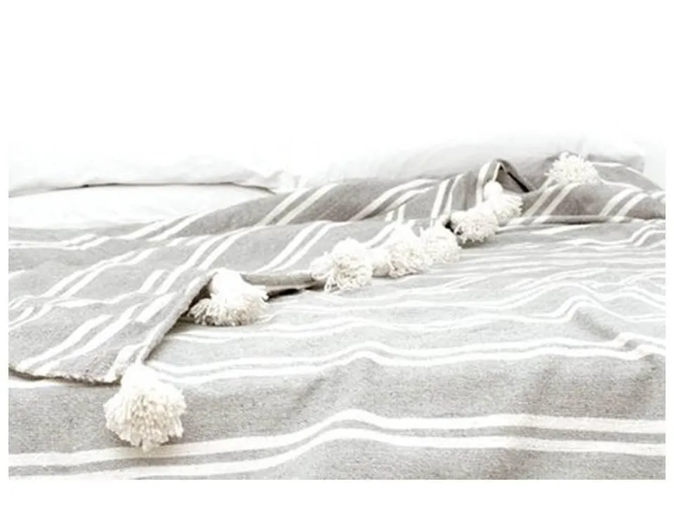 Gray with White Stripes Pom Pom Blanket - Assouirri