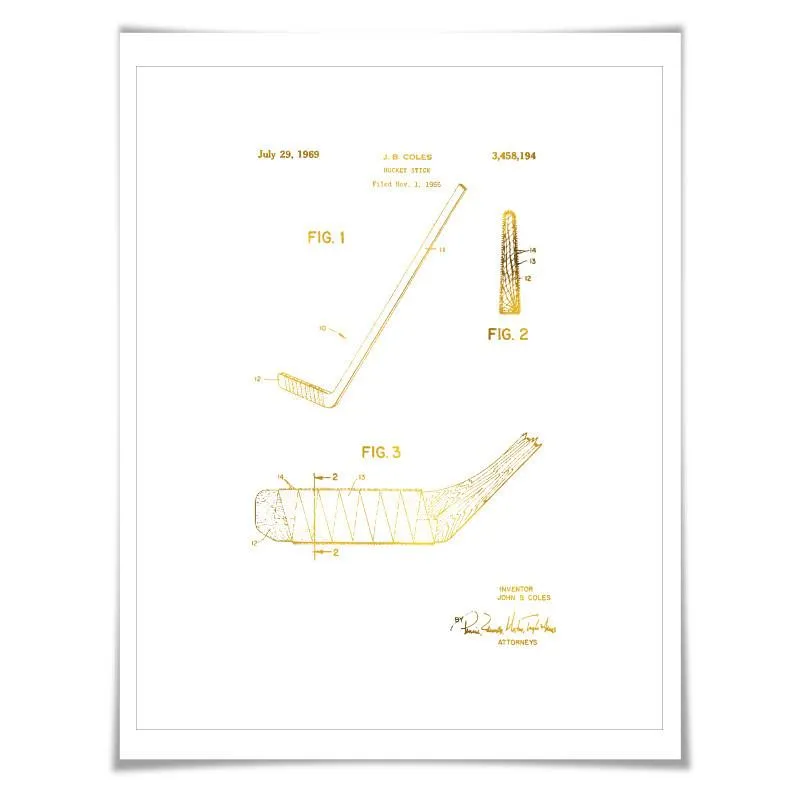 Hockey Stick Gold Foil Patent Illustration. 7 Foil Colours. Sports Poster. Vintage Art Print