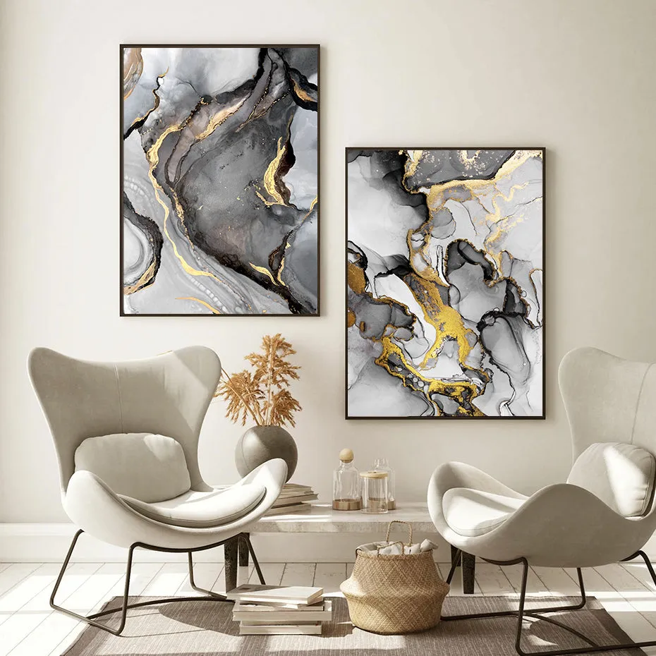 Liquid Golden Gray Marble Print Wall Art Fine Art Canvas Prints Abstract Fashion Pictures For Luxury Living Room Nordic Home Office Art Decor