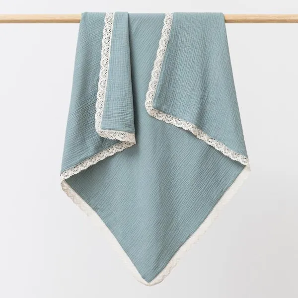 Over The Dandelions Organic Muslin Blanket with Lace Trim - Sage