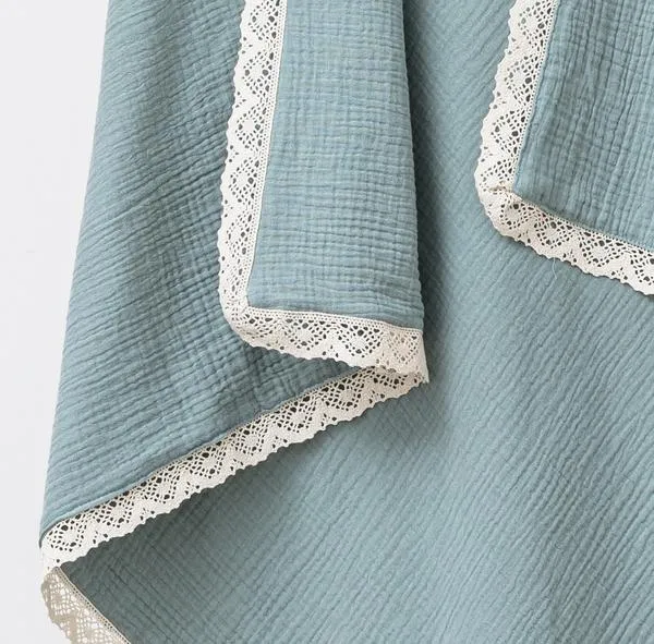 Over The Dandelions Organic Muslin Blanket with Lace Trim - Sage