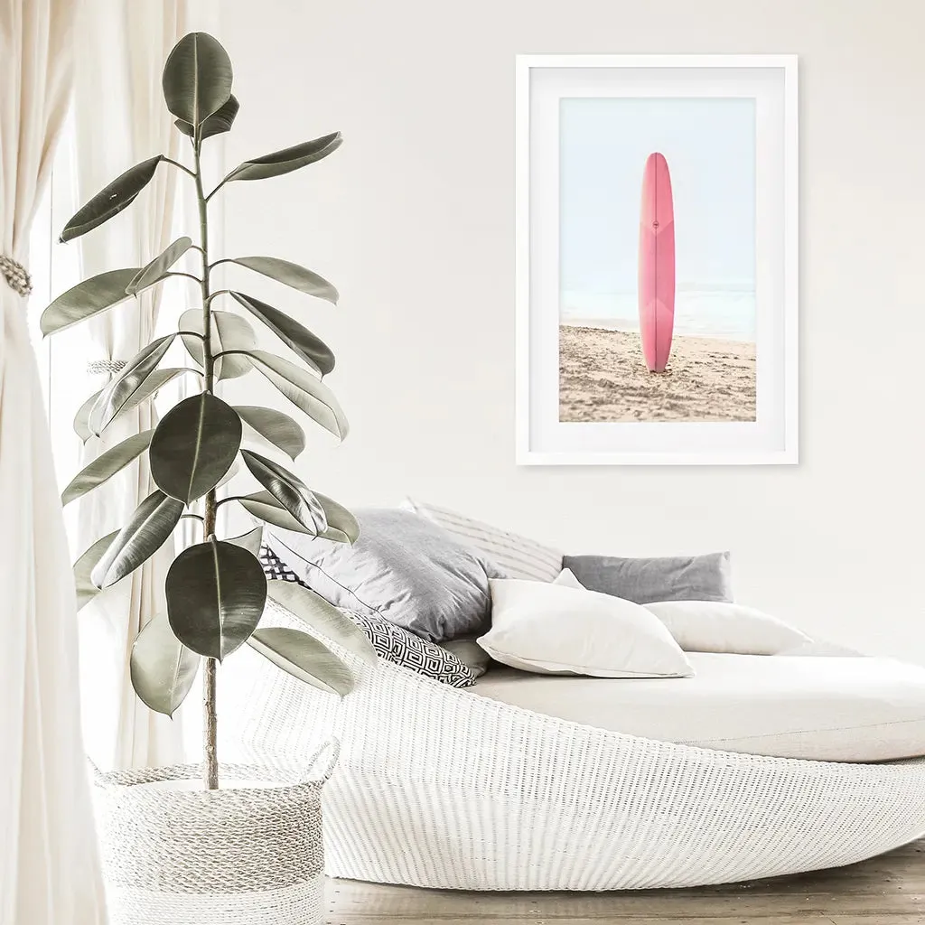 Pink Surfboard on a Sandy Beach Print. California Summer