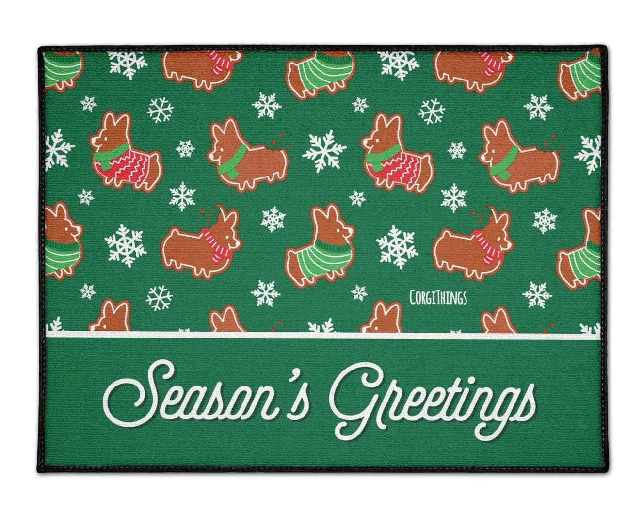 "Gingerbread Corgis" Green Floor Mat | Holiday Collection