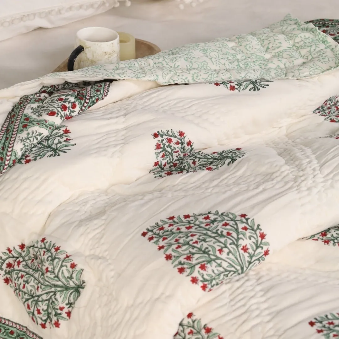 Single Quilt In Fine Cotton | Reversible Hand Block Printed Mughal Florals Jaipuri Razai | Handmade In India