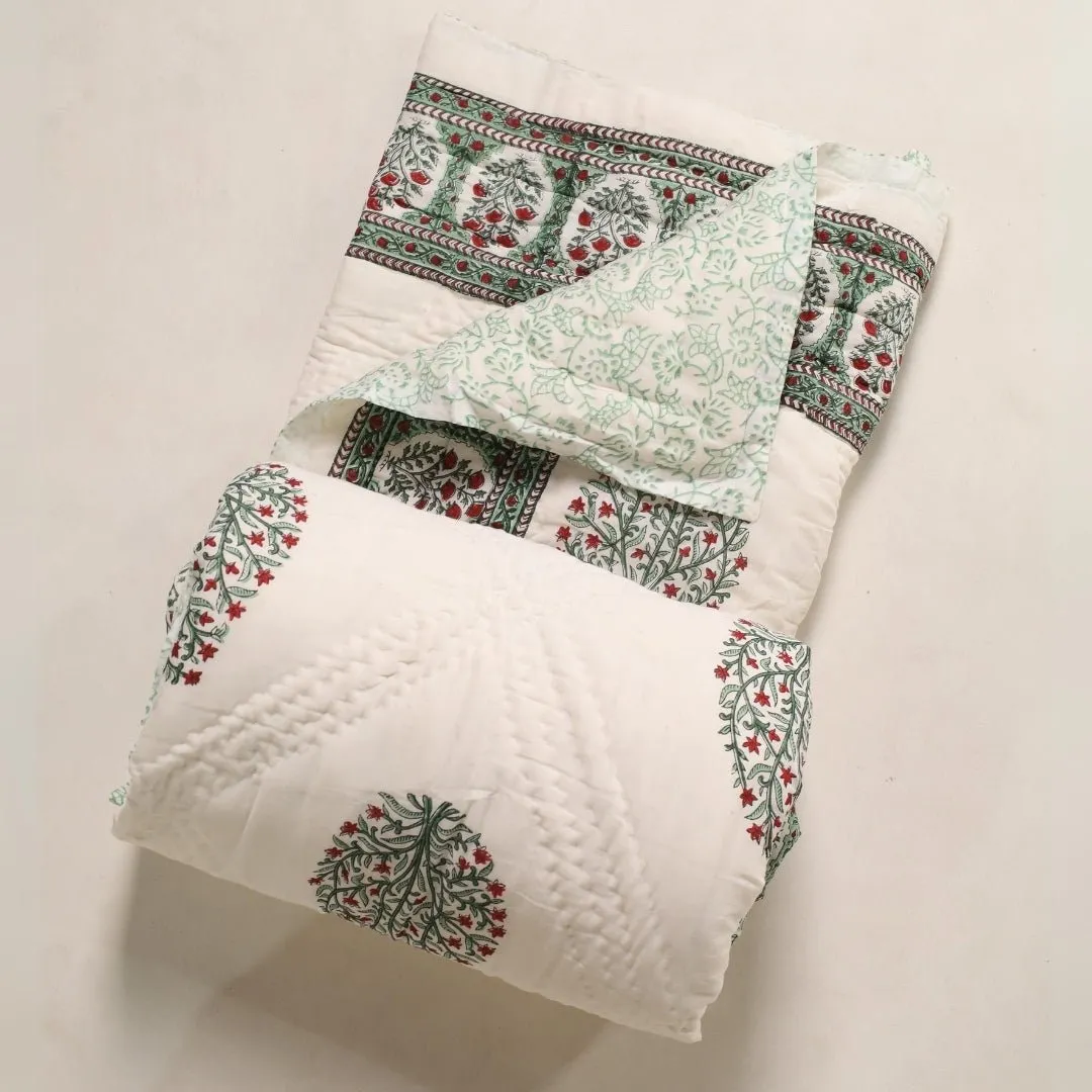 Single Quilt In Fine Cotton | Reversible Hand Block Printed Mughal Florals Jaipuri Razai | Handmade In India