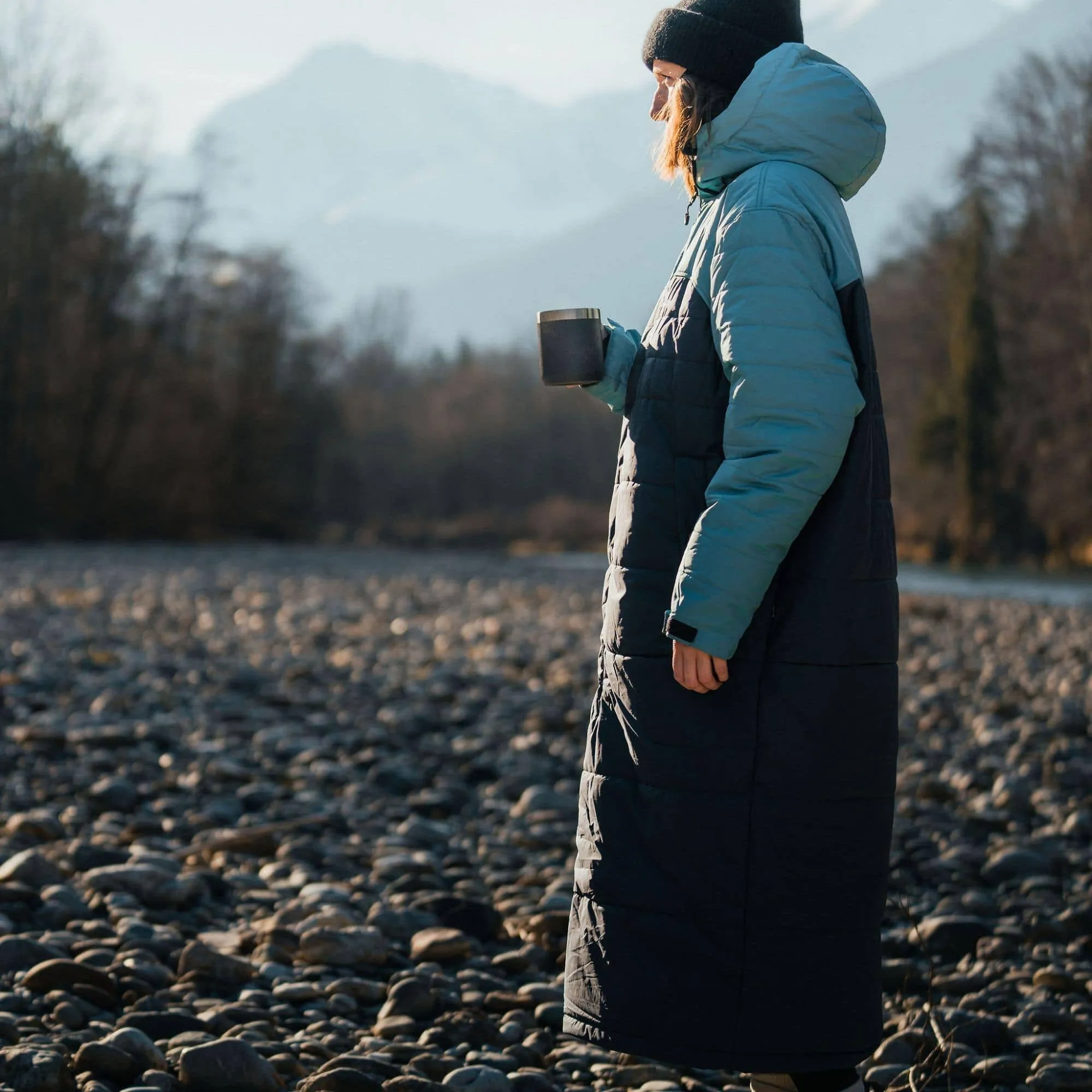 Premium Arctic Blue, Graphite, and Dusty Sand Slumber Jacket for Camping, Vanlife, and Indoor Use