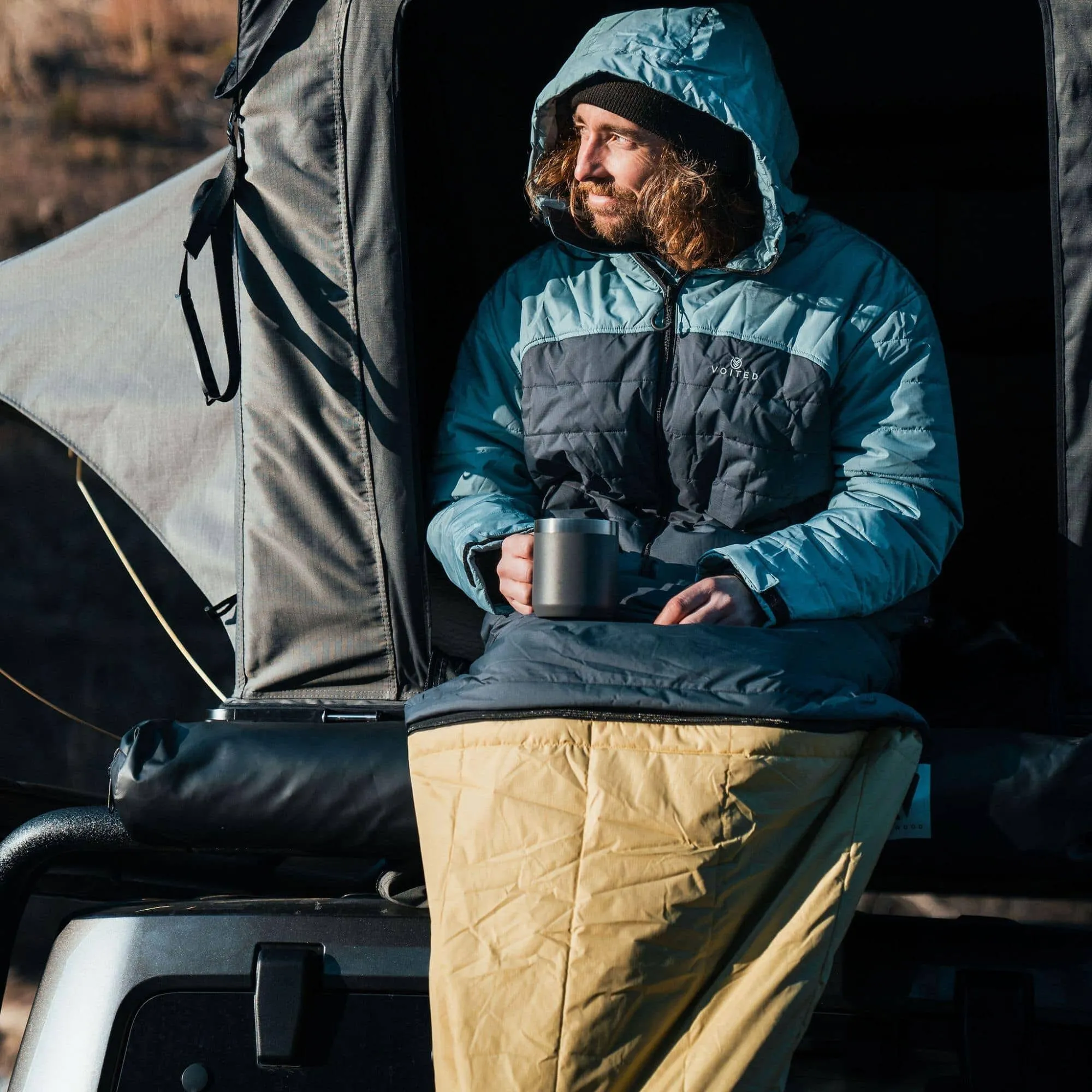 Premium Arctic Blue, Graphite, and Dusty Sand Slumber Jacket for Camping, Vanlife, and Indoor Use