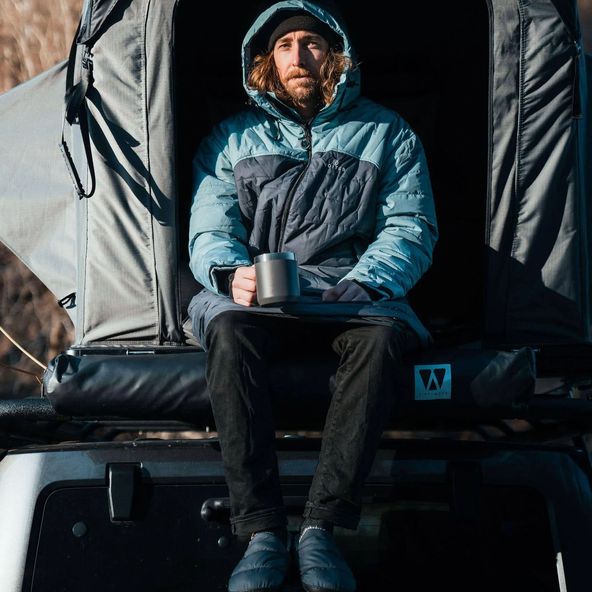 Premium Arctic Blue, Graphite, and Dusty Sand Slumber Jacket for Camping, Vanlife, and Indoor Use