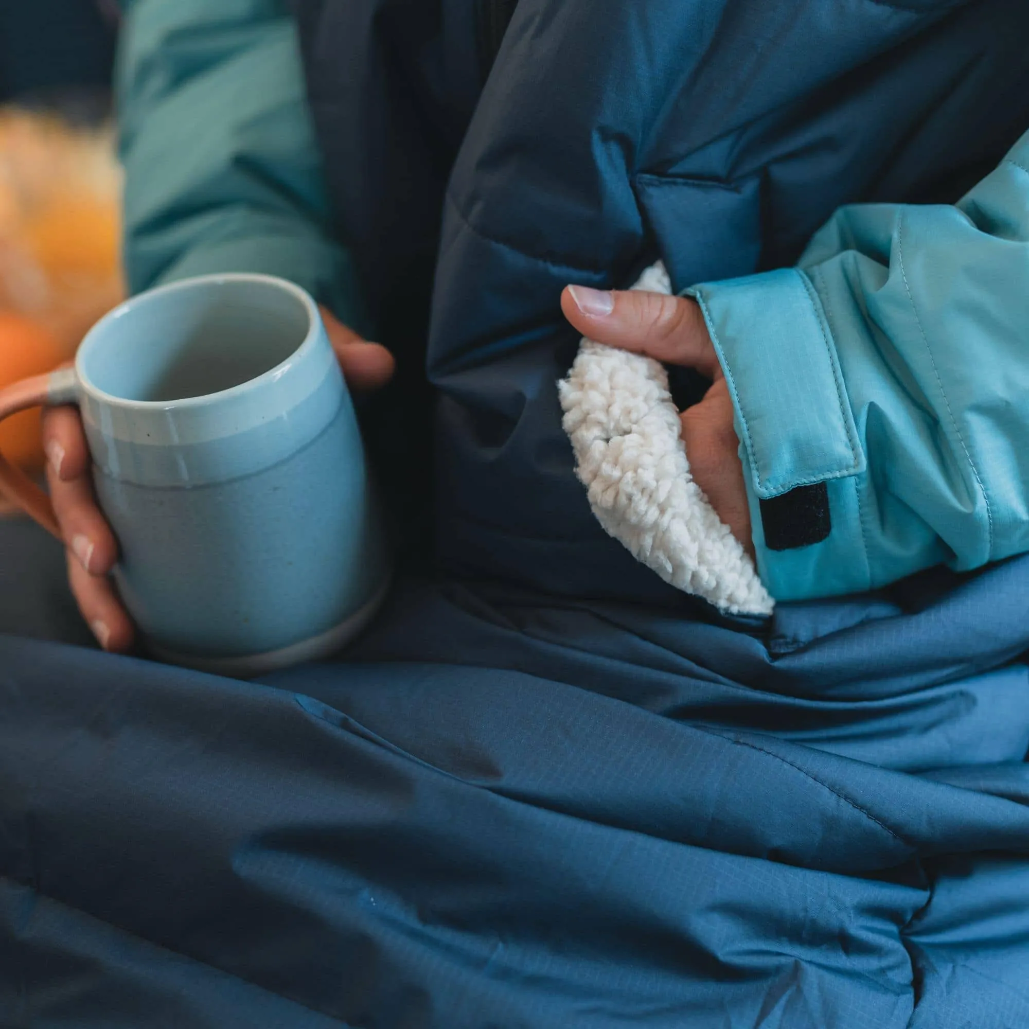 Premium Arctic Blue, Graphite, and Dusty Sand Slumber Jacket for Camping, Vanlife, and Indoor Use