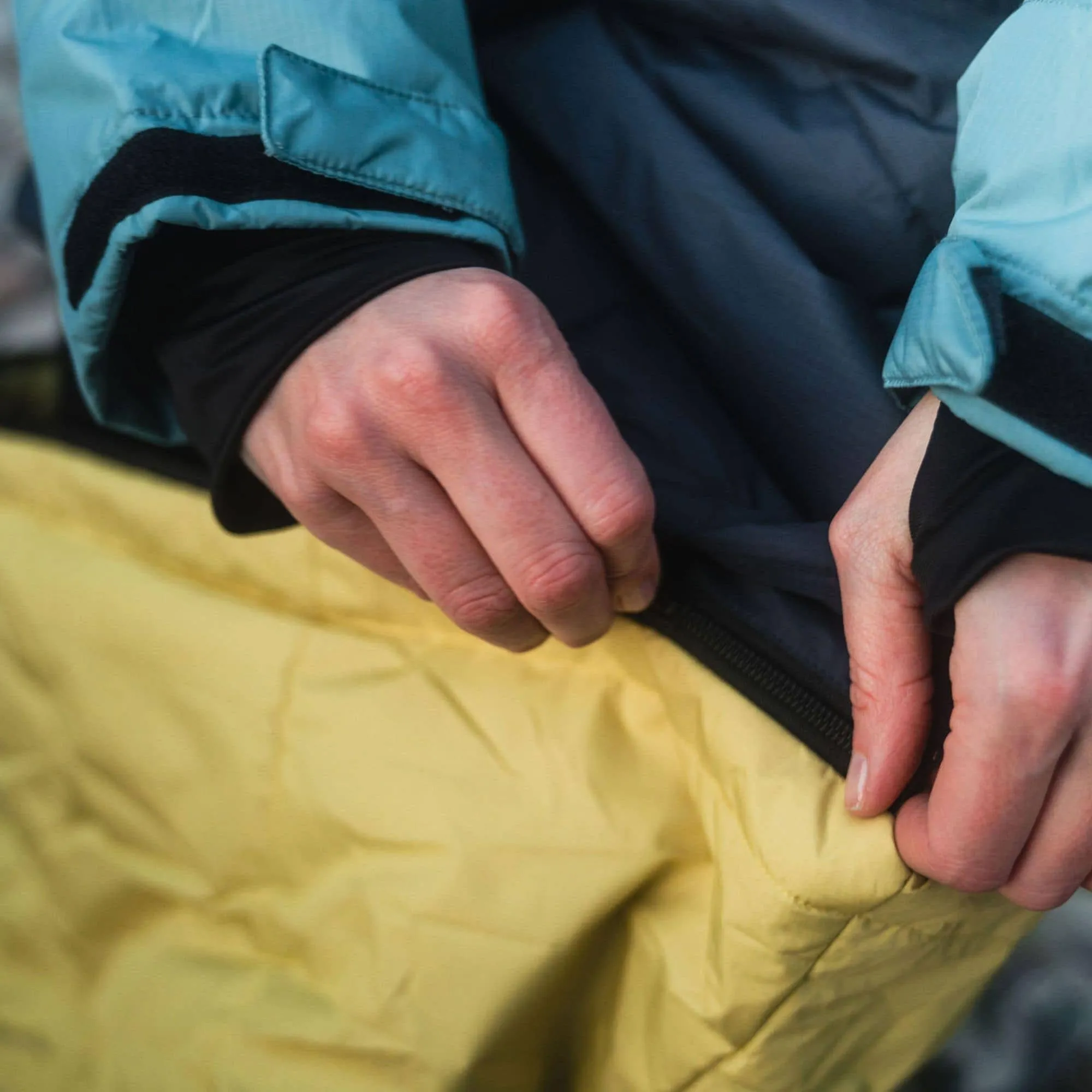 Premium Arctic Blue, Graphite, and Dusty Sand Slumber Jacket for Camping, Vanlife, and Indoor Use