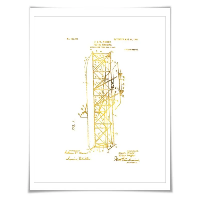 Wright Brothers Airplane Gold Foil Patent Illustration. 7 Foil Colours. Pilot Poster. Vintage Art